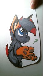 Size: 1024x1820 | Tagged: safe, artist:drawponies, oc, oc only, oc:brimstone, pegasus, pony, blue eyes, clothes, costume, fake ears, fox ears, multicolored hair, paw pads, paw socks, paws, question mark, solo, traditional art, wings
