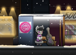 Size: 2500x1821 | Tagged: safe, artist:zzvinniezz, octavia melody, g4, bus station, cello, christmas, clothes, female, musical instrument, my little pony logo, scarf, snow, snowfall, solo