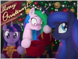 Size: 1200x918 | Tagged: safe, artist:selenophile, princess celestia, princess luna, twilight sparkle, g4, blushing, c:, christmas, christmas card, embarrassed, frown, implied princest, moonlight inquiries, present, smiling, surprised, tongue out, wide eyes