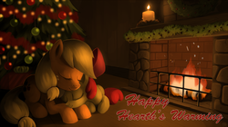 Size: 1133x636 | Tagged: safe, artist:sorcerushorserus, apple bloom, applejack, g4, adorabloom, christmas tree, cute, fireplace, hearth's warming eve, prone, sleeping, tree