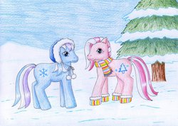 Size: 1024x724 | Tagged: safe, artist:normaleeinsane, mittens (g3), snowflake (g3), g3, boots, clothes, mittens, scarf, snow, traditional art, tree