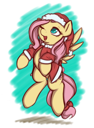 Size: 1500x2024 | Tagged: safe, artist:theparagon, fluttershy, g4, clothes, female, flying, hat, open mouth, santa costume, santa hat, solo, wink