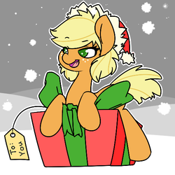 Size: 500x500 | Tagged: safe, artist:koportable, applejack, earth pony, pony, g4, alternate hairstyle, applejackasks, hat, present, santa hat, solo