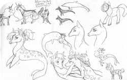 Size: 800x507 | Tagged: safe, artist:ackryllis, princess celestia, princess luna, twilight sparkle, oc, merpony, g4, monochrome, sketch dump, traditional art