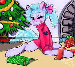 Size: 1000x900 | Tagged: safe, artist:krispykakes, oc, oc only, oc:dove, christmas, clothes, solo, sweater, tongue out, wink