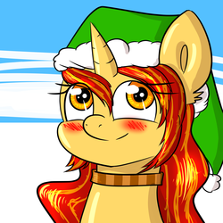 Size: 2000x2000 | Tagged: safe, artist:whisperfoot, oc, oc only, oc:autumn leaf, pony, unicorn, blushing, bust, choker, christmas, cute, hat, high res, looking at you, portrait, santa hat, smiling, solo