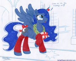 Size: 1112x900 | Tagged: safe, artist:foxxy-arts, princess luna, g4, female, leg warmers, present, raised hoof, solo, spread wings, tail bow, traditional art, winter solstice