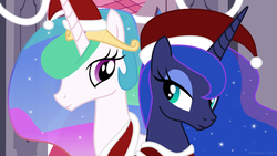 Size: 1920x1080 | Tagged: safe, artist:fluteretti, princess celestia, princess luna, alicorn, pony, g4, duo, female, hat, mare, royal sisters, santa hat, siblings, sisters