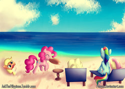 Size: 1600x1139 | Tagged: safe, artist:pshyzomancer, applejack, fluttershy, pinkie pie, rainbow dash, g4, beach, hat, implied rarity, mouth hold