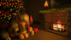 Size: 1133x636 | Tagged: safe, artist:sorcerushorserus, apple bloom, applejack, g4, adorabloom, applebetes, christmas tree, cute, fireplace, hearth's warming eve, jackabetes, prone, sleeping, tree