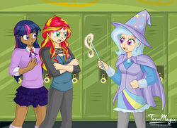 Size: 1024x745 | Tagged: dead source, safe, artist:teammagix, sunset shimmer, trixie, twilight sparkle, equestria girls, g4, counterparts, dark skin, humanized, magic, magical trio, twilight's counterparts, wand