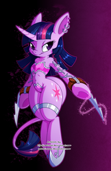 Size: 1036x1600 | Tagged: safe, artist:dfectivedvice, artist:yokokinawa, twilight sparkle, classical unicorn, semi-anthro, g4, arm hooves, belly button, blades, clothes, collaboration, earring, female, horn, leonine tail, midriff, piercing, shoes, solo, unconvincing armor