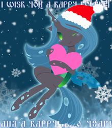 Size: 827x940 | Tagged: safe, artist:divided-s, queen chrysalis, g4, christmas, female, hat, santa hat, snow, snowfall, snowflake, solo, wink, winter