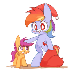 Size: 3500x3507 | Tagged: safe, artist:joycall6, rainbow dash, scootaloo, g4, facial hair, hat, high res, mousdash, moustache, santa hat