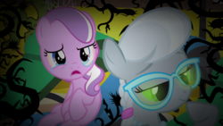 Size: 1024x576 | Tagged: safe, artist:robbieagray, diamond tiara, silver spoon, pony, g4, duo, glowing eyes