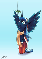 Size: 1447x2046 | Tagged: dead source, safe, artist:lovelyneckbeard, princess luna, alicorn, pony, g4, boots, clothes, curious, female, frown, hat, looking up, mare, mistletoe, santa costume, santa hat, scarf, solo, spread wings