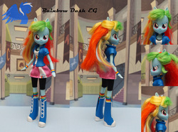 Size: 3721x2761 | Tagged: safe, artist:shiveringcanvas, rainbow dash, equestria girls, g4, boots, bracelet, clothes, customized toy, doll, fixed, high res, irl, jewelry, photo, pony ears, pony eyes, skirt, socks, toy, wristband