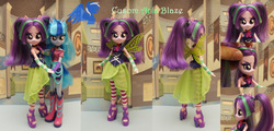 Size: 6065x2901 | Tagged: safe, artist:shivering canvas, artist:shiveringcanvas, aria blaze, sonata dusk, equestria girls, g4, my little pony equestria girls: rainbow rocks, clothes, costume, customized toy, doll, female, fixed, irl, lesbian, photo, pony ears, sandals, ship:arisona, shipping, toy, wings