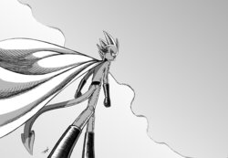 Size: 1075x743 | Tagged: safe, artist:quynzel, spike, anthro, g4, black and white, cape, clothes, grayscale, humdrum costume, male, manga, mask, one punch dragon, one punch man, power ponies, solo