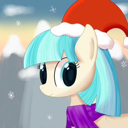 Size: 2000x2000 | Tagged: safe, artist:joey, coco pommel, g4, hat, high res, santa hat, snow, snowfall