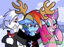 Size: 2048x1489 | Tagged: safe, artist:pembroke, pinkie pie, rainbow dash, oc, oc:klondike heart, g4, antlers, hearth's warming, infamous, infamous second son, pinkamena diane pie