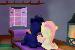 Size: 3000x2000 | Tagged: safe, artist:stillwaterspony, fluttershy, oc, oc:moonlight ballad, pony, unicorn, g4, canon x oc, cuddling, fire, fireplace, high res, lounge, luna's loft, snuggling