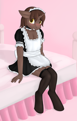 Size: 1783x2809 | Tagged: safe, artist:daf, oc, oc only, oc:regal masquerade, unicorn, anthro, bed, blushing, clothes, crossdressing, dress, embarrassed, maid, male, solo, stockings, transgender