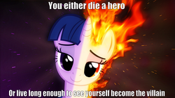 Size: 1920x1080 | Tagged: safe, artist:malathrom, edit, twilight sparkle, rapidash, g4, batman, harvey dent, image macro, mane of fire, meme, rapidash twilight, the dark knight, two-face, wallpaper, you either die a hero or live long enough to see yourself become the villain
