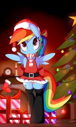 Size: 1500x2505 | Tagged: dead source, safe, artist:omi, rainbow dash, pegasus, pony, semi-anthro, g4, adorasexy, bipedal, christmas, christmas lights, christmas tree, clothes, cute, dress, female, hat, heart eyes, mare, panties, present, santa hat, scarf, sexy, skirt, socks, solo, stockings, striped underwear, stupid sexy rainbow dash, tree, underwear, upskirt, wingding eyes