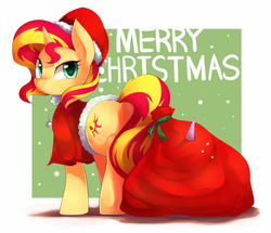Size: 1588x1366 | Tagged: safe, artist:maren, sunset shimmer, twilight sparkle, alicorn, pony, unicorn, g4, butt, christmas, clothes, colored pupils, featureless crotch, female, hat, horn, kidnapped, looking at you, looking back, mare, passepartout, plot, sack, santa costume, santa hat, santa sack, shadow, smiling, sunset santa, sweatdrop, twilight sparkle (alicorn)