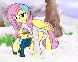 Size: 1280x1024 | Tagged: safe, artist:m-p-l, fluttershy, oc, oc:midnight dew, hybrid, g4, belly, clothes, earmuffs, fluttermom, interspecies offspring, keyhole turtleneck, offspring, open-chest sweater, parent:discord, parent:fluttershy, parents:discoshy, preggoshy, pregnant, scarf, snow, story included, sweater, sweatershy, turtleneck