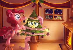 Size: 2708x1889 | Tagged: safe, artist:discorded, fluttershy, pinkie pie, earth pony, pegasus, pony, g4, balancing, bauble, christmas, christmas tree, decorating, decoration, female, fire, fluttershy is not amused, fluttertree, lesbian, ship:flutterpie, shipping, stool, tongue out, tree, tree costume, unamused, underhoof, wat