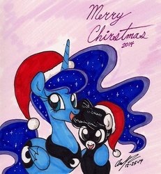 Size: 1150x1244 | Tagged: safe, artist:newyorkx3, princess luna, oc, oc:tommy junior, g4, christmas, colt, duo, female, foal, hat, holiday, hoof around neck, male, mare, open mouth, open smile, santa hat, simple background, smiling, traditional art, winter