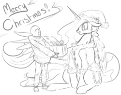 Size: 1280x1009 | Tagged: safe, artist:nobody, princess celestia, oc, oc:anon, human, g4, clothes, hat, monochrome, present, santa hat, sitting, sweater