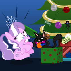 Size: 1950x1950 | Tagged: safe, artist:magerblutooth, diamond tiara, surprise, oc, oc:dazzle, cat, g4, christmas, hearth's warming, ornament, present, tree