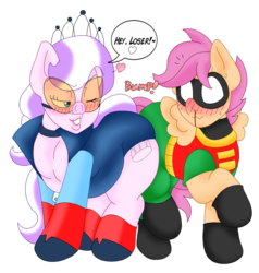 Size: 1559x1636 | Tagged: safe, artist:blackbewhite2k7, diamond tiara, scootaloo, earth pony, pegasus, pony, g4, batman, blood, blushing, butt bump, butt to butt, butt touch, chubby diamond, clothes, costume, crossover, emanata, female, lesbian, looking at each other, looking at someone, nosebleed, one eye closed, pig nose, robin, robinloo, ship:scootiara, shipping, simple background, sweat, sweatdrops, teasing, the capitalist piglette, transparent background, vector, wink