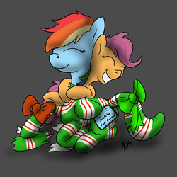 Size: 4000x4000 | Tagged: safe, artist:dombrus, rainbow dash, scootaloo, pegasus, pony, g4, female, filly, gift wrapped, happy, hug, mare, scootalove, wrapping paper