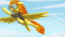 Size: 1191x670 | Tagged: dead source, safe, artist:kasdraws, spitfire, pegasus, pony, g4, clothes, female, floppy ears, flying, goggles, jacket, open mouth, smirk, solo, spread wings, windswept mane