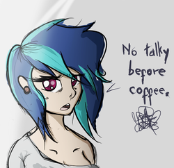 Size: 600x581 | Tagged: safe, artist:newbluud, dj pon-3, vinyl scratch, human, g4, annoyed, bust, clothes, dialogue, female, hangover, humanized, looking at you, off shoulder, open mouth, sleepy, solo, tired