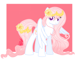 Size: 3781x2964 | Tagged: safe, artist:xwhitedreamsx, oc, oc only, oc:kaory, pegasus, pony, female, flower, flower in hair, high res, long mane, long tail, looking at you, mare, simple background, smiling, sparkles, spread wings, transparent background