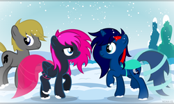 Size: 1024x614 | Tagged: safe, artist:noah-x3, oc, oc only, oc:neon flare, oc:noah, oc:serene, group, norene, show accurate, snow, snowfall, winter