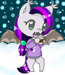 Size: 400x459 | Tagged: safe, artist:ambervantas69, oc, oc only, oc:sweet hum, bat pony, pony, chibi, clothes, coffee, snow, snowfall, snowflake, solo, sweater, winter