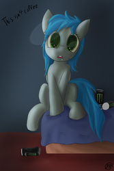 Size: 800x1200 | Tagged: safe, artist:frisky, oc, oc only, oc:darcy sinclair, pegasus, pony, bed, can, dilated pupils, drool, female, monster energy, not coffee, solo