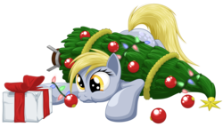 Size: 3500x2000 | Tagged: safe, artist:ohemo, derpy hooves, pegasus, pony, g4, christmas tree, cute, derpabetes, female, high res, mare, present, simple background, solo, transparent background, tree