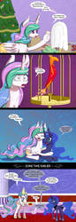 Size: 750x2182 | Tagged: safe, artist:deusexequus, philomena, princess celestia, princess luna, alicorn, phoenix, pony, g4, chest fluff, comic, ear fluff, female, hearth's warming, hug, immortality blues, implied death, levitation, magic, mare, present, prone, telekinesis