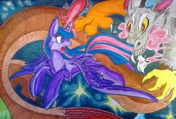 Size: 1024x698 | Tagged: safe, artist:bakukurara, discord, twilight sparkle, alicorn, pony, g4, female, fight, flying, looking back, magic, mare, traditional art, twilight sparkle (alicorn)