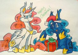 Size: 1024x728 | Tagged: safe, artist:bakukurara, princess celestia, princess luna, g4, chest fluff, pink-mane celestia, present, sitting, smiling, traditional art, younger