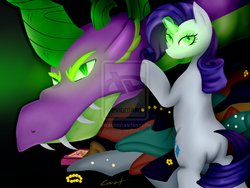 Size: 1024x768 | Tagged: safe, artist:katrittaja, rarity, spike, dragon, pony, unicorn, g4, inspiration manifestation, corrupted, duo, female, greed, greed spike, inspirarity, male, mare, older, possessed, ship:sparity, shipping, spikezilla, straight, watermark, xk-class end-of-the-world scenario