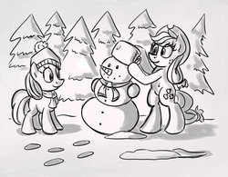 Size: 800x625 | Tagged: safe, artist:notlikelyanartist, apple bloom, applejack, earth pony, pony, g4, bipedal, monochrome, snow, snowman, winter