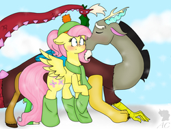 Size: 2048x1536 | Tagged: safe, artist:ashley-the-muffin, discord, fluttershy, g4, blushing, cheek kiss, clothes, female, floppy ears, hat, holly, holly mistaken for mistletoe, kissing, male, raised hoof, scarf, ship:discoshy, shipping, socks, straight